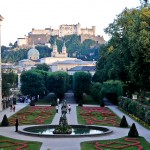 View of Mirabell Garden as well as the Salzburg Castle right up on the mountain