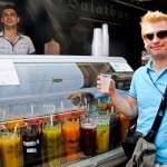 At Vienna Naschmarkt, there are many stalls selling juices like these. Blue Eyes trying one to quench his thirst on this hot summer day.