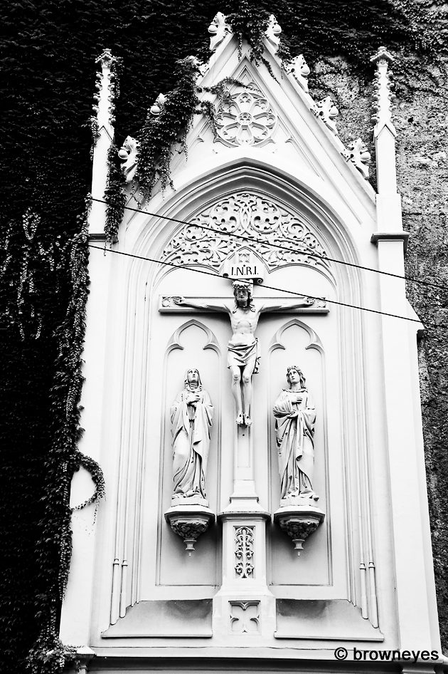 The stone sculpture outside of a church in Salzburg Old Town