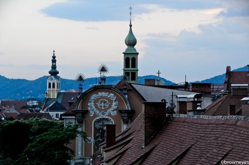 View of Graz's Old Town in the evening from the Clock Tower