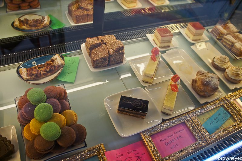 Cakes in a café display