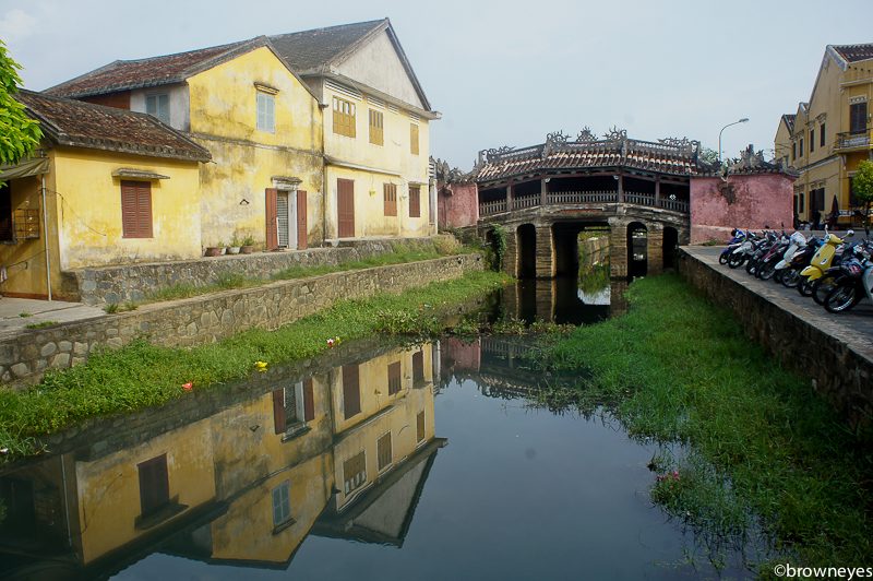 View of the landmark wooden Japanese bridge that featured a pagoda inside.